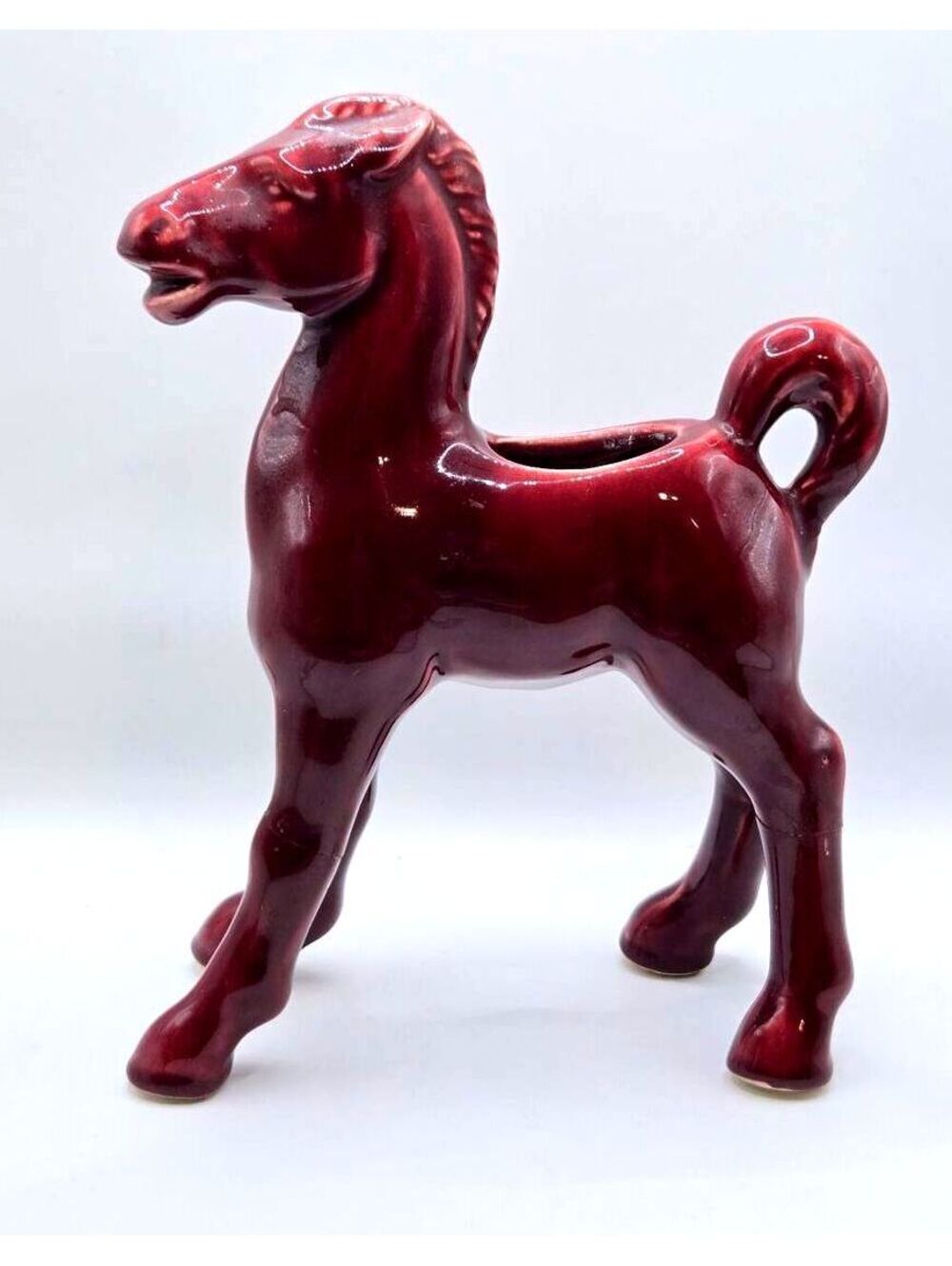 Vintage Ceramic Horse Planter Deep Burgundy Glossy Finish